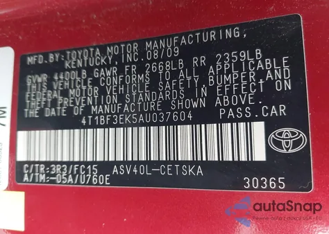 2010 Toyota Camry Se из США, поврежденный, VIN 4T1BF3EK5AU037604